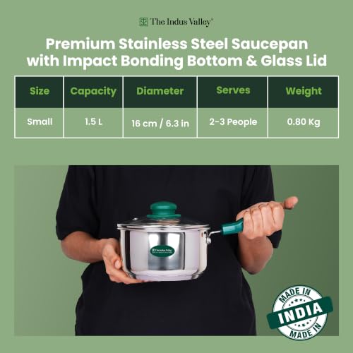 Image of The Indus Valley Stainless Steel Impact Bonded Sauce Pan 1.5 litres with Glass Lid | Chai & Soup Pan | Induction & Gas Compatible | 3-Layer Thick Bottom | Stay-Cool Handles | 100% Toxin-Free
