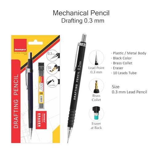 Image of Isomars Draftex Mechanical Pencil 0.3mm (2B) Black with 10 Extra Leads & Eraser | Drafting Pencil for Technical Drawing, Sketching, Engineering, Architecture & Writing