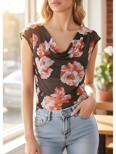 GERT COREL Women's Cowl Neck Sleeveless Top 2026 Sleeveless Ruched Floral Printed Shirts Summer Tank Tops Brown - image 3