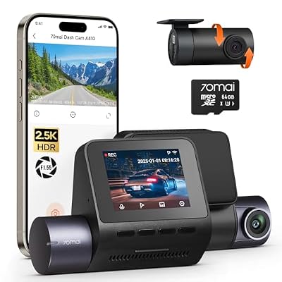 70mai Dash Cam Front and Rear - 2.5K+1080P Dual Dash Camera with HDR, Super Night Vision, F1.55 Aperture, 24H Parking Mode, Built-in Wi-Fi & GPS, G-Sensor, Loop Recording, 64GB Card Included (A410)