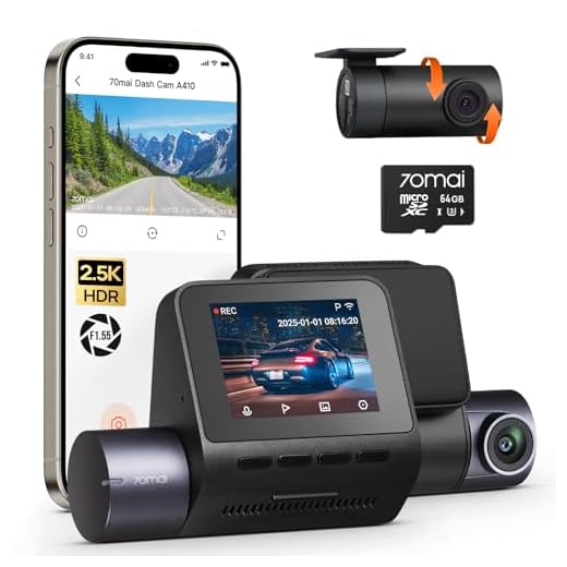 70mai Dash Cam Front and Rear - 2.5K+1080P Dual Dash Camera with HDR, Super Night Vision, F1.55 Aperture, 24H Parking Mode, Built-in Wi-Fi & GPS, G-Sensor, Loop Recording, 64GB Card Included (A410)