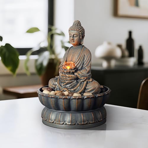 Image of Kalona Home Decor 9.6 inch Tabletop Fountain Exquisite Smile Sitting Buddha Fountains Desk Water Fountain Decorative Zen Fountain w /Reflective Lighting /Cobblestone Office and Home Decor(21125A)