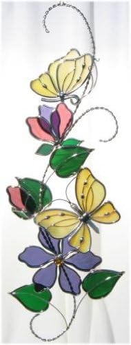 Stained Glass Yellow Butterfly Scroll Hanging Suncatcher 16 inches Long Silver Finish