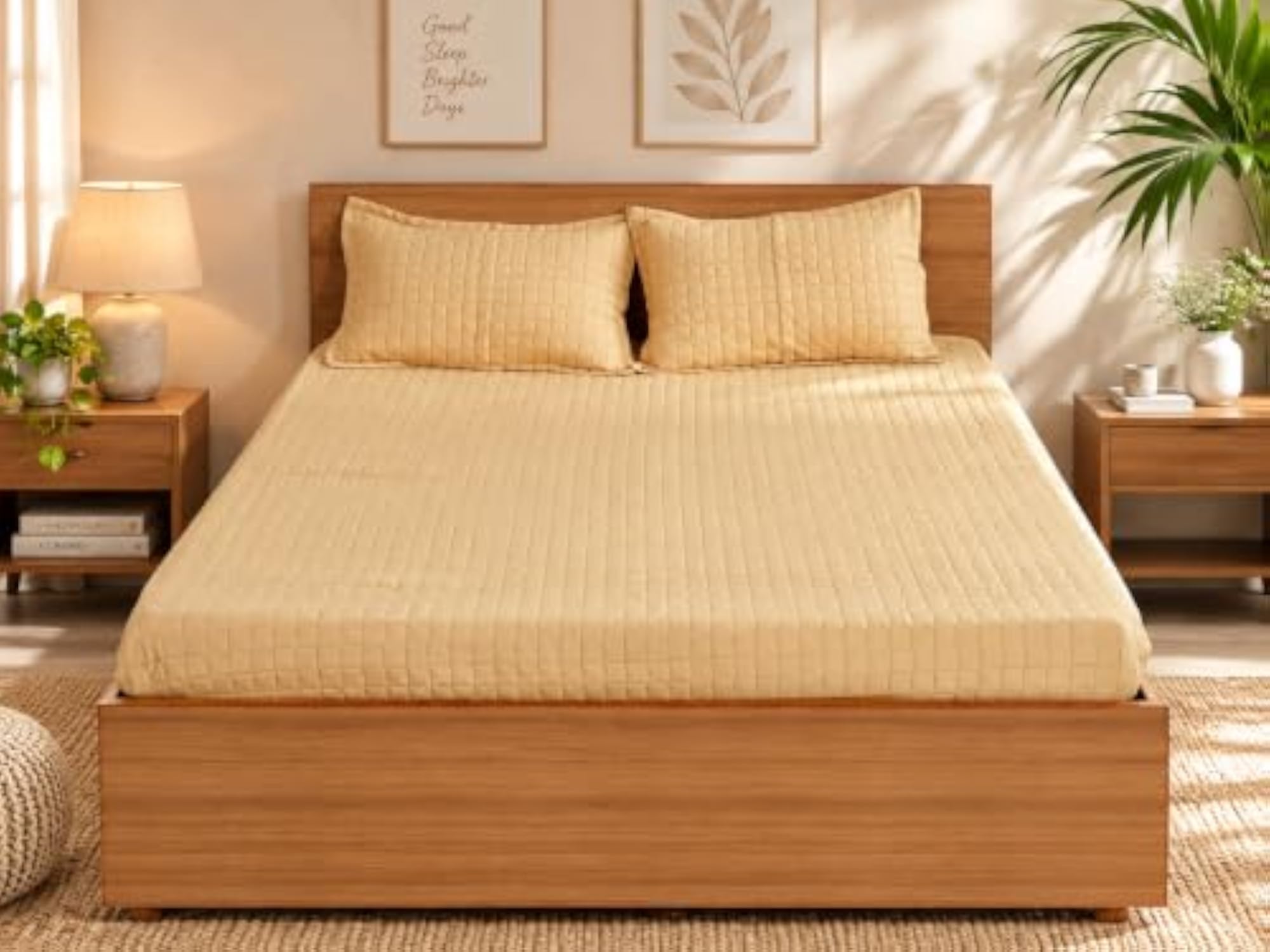 Yellow Quilted Bed Cover King Size with 2 Pillow Covers