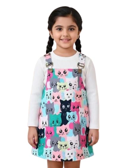 Image of Kid Girls Cat Printed Dress with Long Sleeves White Top| Comfortable, Breathable, Lightweight & Skin Friendly