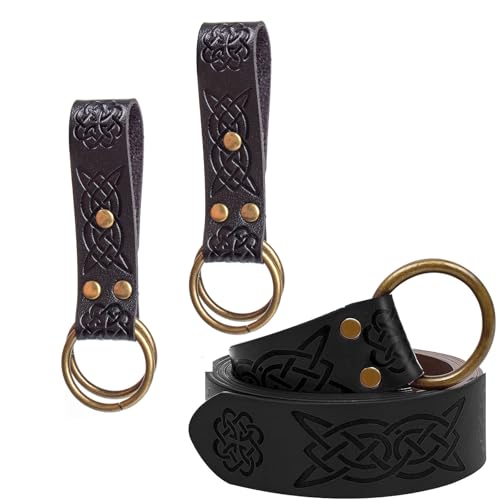 SUMGOGO Skirt Hikes Leather Detachable Keyring Hook Strap Retro Medieval Waist Belt Accessory for Casual Renaissance Cosplay Costume (Belt-Black Pattern)