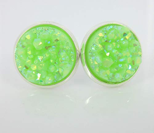 Silver-tone Lime Green AB Faux Druzy Stone Stud Earrings 12mm