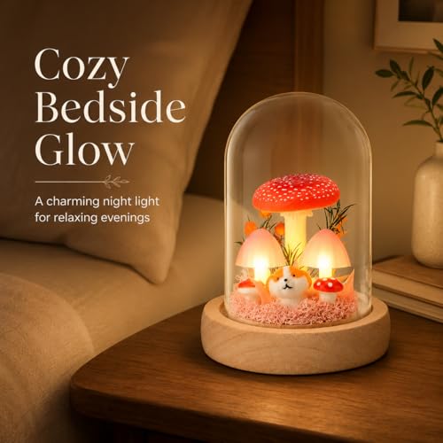 QUELIEN Mushroom Lamp in Glass Dome,Mushroom Gifts for Women - Warm White LED Night Light for Bedroom Decor,Birthday Party Decorations,Ideal Birthday Gift Valentines Gift — view 5