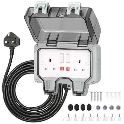 Desiretech Outdoor Double Switched Socket with 3m Cable – IP66 Waterproof & Dustproof Socket – 2 Gang Plug with LED Indicators – High Impact PC Housing – Weatherproof Power Outlet for Sheds & Garages