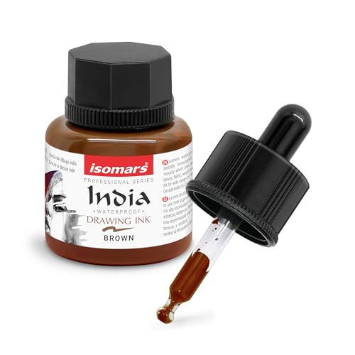 Image of Isomars Waterproof Drawing Ink with Dropper - 35ml | India Ink for Calligraphy, Art, Technical Drawing | Fade-Resistant & Quick-Drying (Brown)