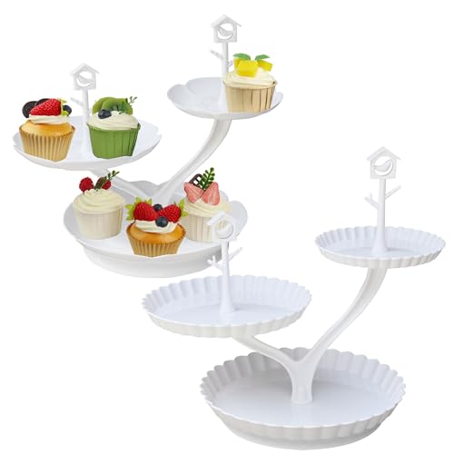 Quanerba Pack of 2 Cake Stands, Cake Stands, Reusable 3 Tier Cupcake Dessert Stand Plates, White, 3-Tier Plates for Christening, Baby, Birth, Blue, Communion