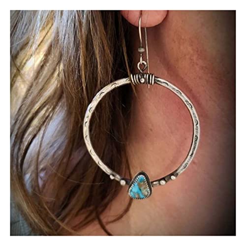 Boho Turquoise Circle Dangle Earrings Silver Large Circle Drop Earrings Turquoise Bead Dangling Earrings Geometric Circular Hoop Hook Earrings for Women2