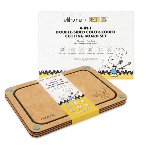 Elihome X Peanuts Kitchen Cutting Board Set Non Slip Feet Double Sided Color Coded with Food Icon Natural Wood Fiber Dishwasher Safe Eco-Friendly Juice Grooves Non Porous BPA Free 2 Pack