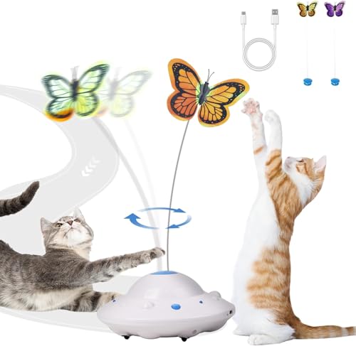 Pet Prime Jouet Électrique Intelligent pour Chat en Forme de UFO avec Lumière LED, Évite Les Obstacles, 3 Modes Réglables, Rechargeable USB, Inclut 2 Papillons de Remplacement