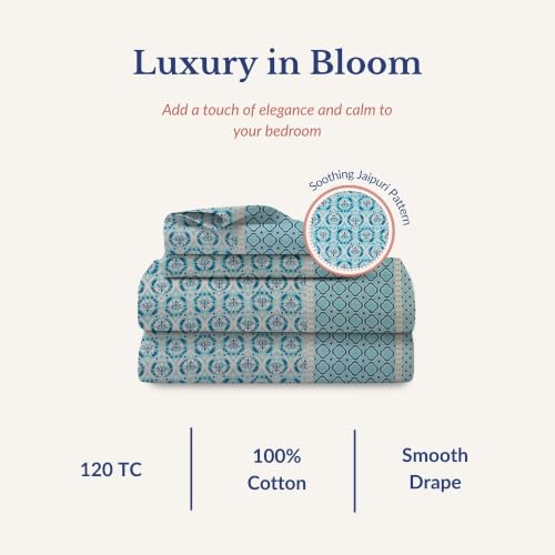 Image of Jaipur Weaves Jaipuri Double Bed Cotton Bedsheet Queen Size 90x85, 120 TC 100% Pure Cotton Bed Sheet with 2 Pillow Covers, Floral Traditional Print (Blue Floral, Double)