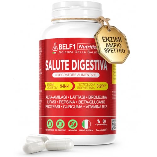 BELF1 Salute Digestiva | Enzimi Digestivi 9-in-1 Ad Ampio Spettro Con Tecnologia D-SYN™ | Complesso con Bromelina 2500 GDU/g, Lattasi, Pepsina, Amilasi, Proteasi, Lipasi | Vitamina B12 | 60 Capsule