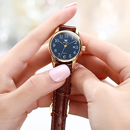 Women's Elegant Brown Leather Quartz Watch with Blue Dial, Arabic Numerals, and Date Function – Waterproof Minimalist Wristwatch for Everyday Wear - Image 5