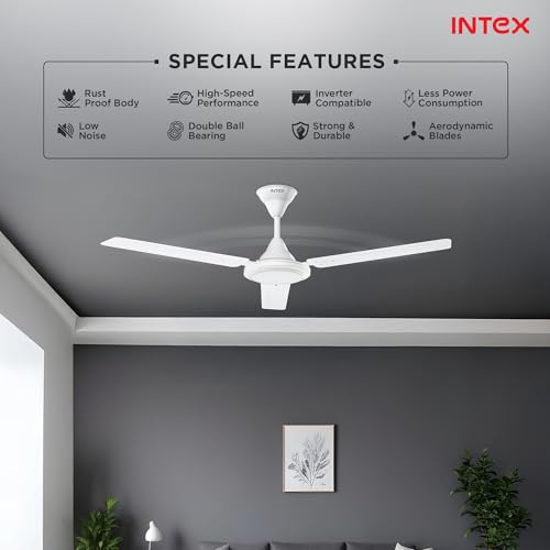 Image of Intex Aero Silk 1200MM Ceiling Fan 3 Blade 380 RPM | High Speed Motor 210 CMM | Air Delivery 50W Low Power Double Ball Bearing | Rust Proof Body 3 Speed Control 24 Month Warranty (White)