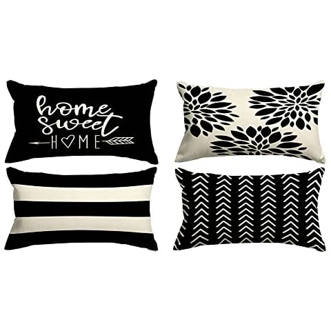 Lumbar Pillow Covers 12x20 Set of 4, Modern Black and White Sofa Throw Pillow Cover, Decorative Outdoor Linen Fabric Pillow Case for Couch Bed Car Cover