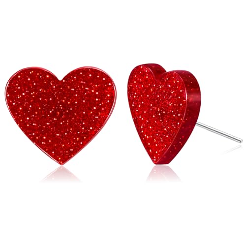 yfstyle Valentines Small Pink Heart Earring Studs Acrylic Glitter Minimalist Heart Earrings Red for Women Valentines Lover Jewelry Gifts Red