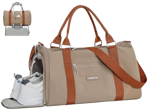 FIORETTO Womens Gym Tote Duffle Weekender Bag with Wet Pocket & Shoe Compartment, Ideal for Travel, Swimming, Dance, Khaki