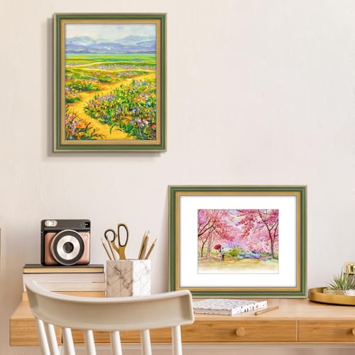 Image of Golden State Art,11x14 Ornate Picture Frame Holds 8x10 Photo,Green Gold | Includes real glass front,white mat,build-in hangers and buttons.Displays 8x10 photo on wall