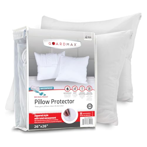 Guardmax Jersey Knitted European Pillow Protector with Zipper - 4 Pack -100% Waterproof, Bed Bug Proof, Dust Mite Proof, & Hypoallergenic Pillow Covers - Premium Zippered Pillow Cases. (26 X 26)
