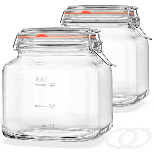 81oz Glass Jars with Airtight Lid, 2 Pack Glass Food Storage Jars with 2 Scale Marks, Square Glass Canisters for Flour, Cereal, Coffee, Pasta, Cookies, Pickle, 0.6 Gallon Wide Mouth Mason Jars