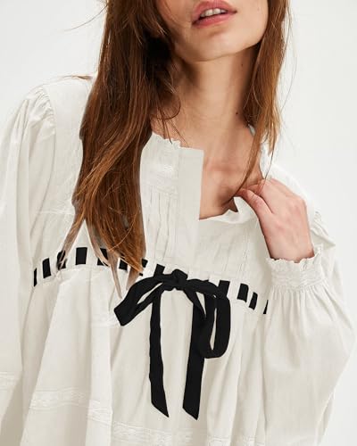 Locachy Womens 2025 Casual Cotton Dress Tie Front Square Neck Long Sleeve A Line Pleated Mini Dress3