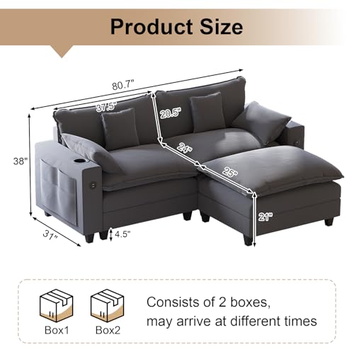 Image of KCGKCG 80.7 inch Modular Sectional Couch, L Shaped Cloud Sofa with Movable Ottoman, Chenille Deep Seat Cloud Couch with Charging Station, Cup Holder, Side Pocket, Sectional Couches for Living Room, Grey