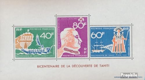 Bloque 1 de Polinesia Francesa MNH de 1968 sobre el descubrimiento de Tahití para coleccionistas
