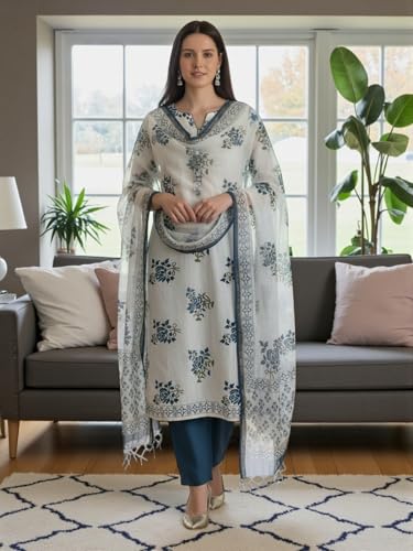 Image of Eddika Women's Bagru Hand Block Printed Pure Cotton Unstitched Suit Material with Kota Doria Dupatta | Traditional Ethnic Dress Material for Kurta, Salwar & Palazzo Set