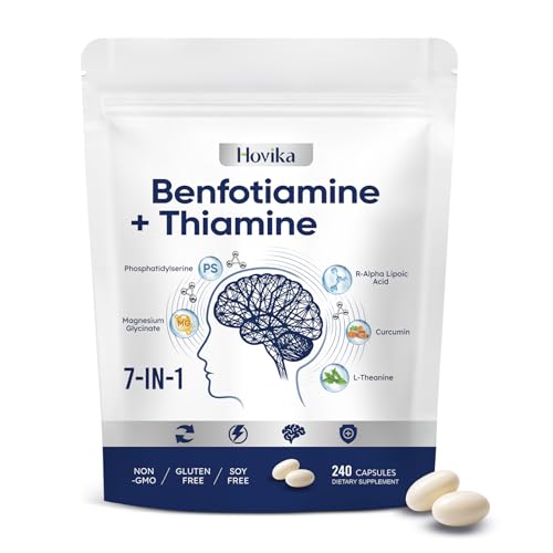 Hovika Vitamin B1 Benfotiamine 300mg with R-ALA 600mg & Thiamine - Advanced Nerve Support Supplement with Phosphatidylserine L-Theanine Turmeric & Magnesium - Non-GMO Gluten Free 240 Capsule