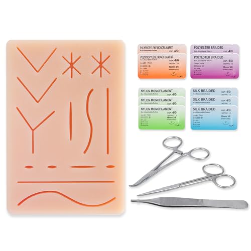 Image of Suture Practice Kit, 32 Pc Suturing Kit with Large Silicone Pad & Tools | 3 layer suture pad with precut wounds, stainless steel hemostat, forceps & scissors, training & education use only
