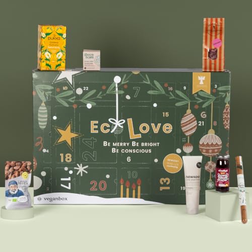 VEGAN BOX Eco Calendario de Adviento 2025 | 24 productos veganos y sostenibles de belleza y alimentos | Calendario de Adviento vegano | Mezcla de productos de alimentos, cuidado y estilo de vida | Sin