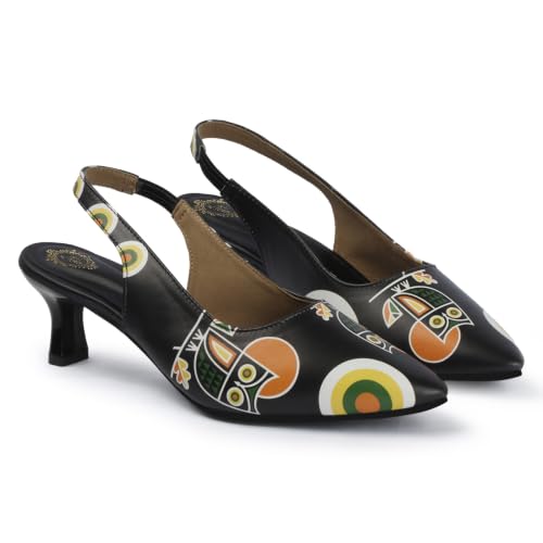 DRAG THE DEALS Women's Slingback Pumps Heels Pointed Toe Kitten Heels Sandals for Modern Women Printed Pumps for Women Black
