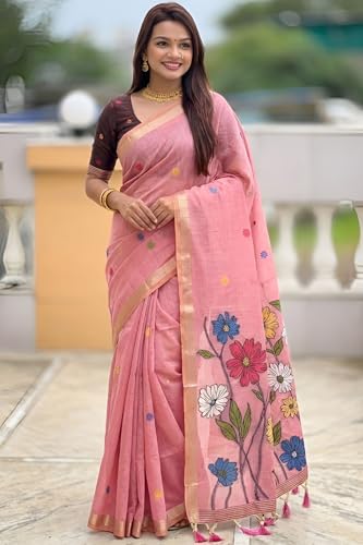 Image of SGF11 Women's Soft Cotton Linen Silk Saree With Blouse Piece