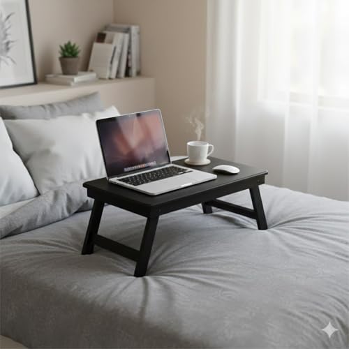 Image of VASIL MART A Versatile Laptop Table or lapdesk with a Spacious Working Area for Home That is Made of Solid Mango Wood and is Adjustable Foldable, with Phone and Tablet Holder (Mat -Black)