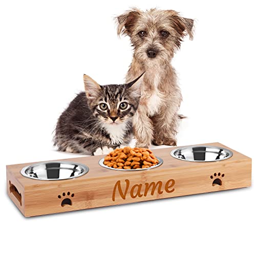 Katzennapf 3er Set mit Name, OXYEFEI Hundenapf Erhöht Bambus Ständer und Edelstahlnapf Fressnapf Katze Personalisiert rutschfest für Klein Hund Haustier Cover