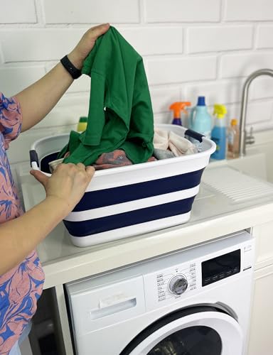 Image of SAMMART Collapsible Plastic Laundry Basket with Handle /Foldable Pop Up Storage Hamper /Portable Laundry Organizer-Space Saving Washing Tub /Household Storage (White /Starry Blue, 27L (Set of 2))