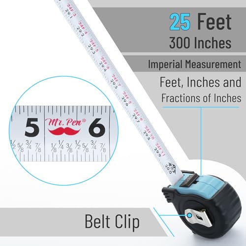 Image of Mr. Pen- Retractable Tape Measure 25 ft, 2 Pack, Sky Blue, Steel Retractable Measuring Tape with Fractions
