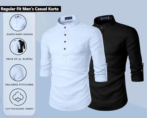 Image of Zombom Men's Combo Cotton Polyester Blend Solid Full Sleeve Straight Regular Fit Mandarin /Chinese Collor Kurta (Pack of 2)