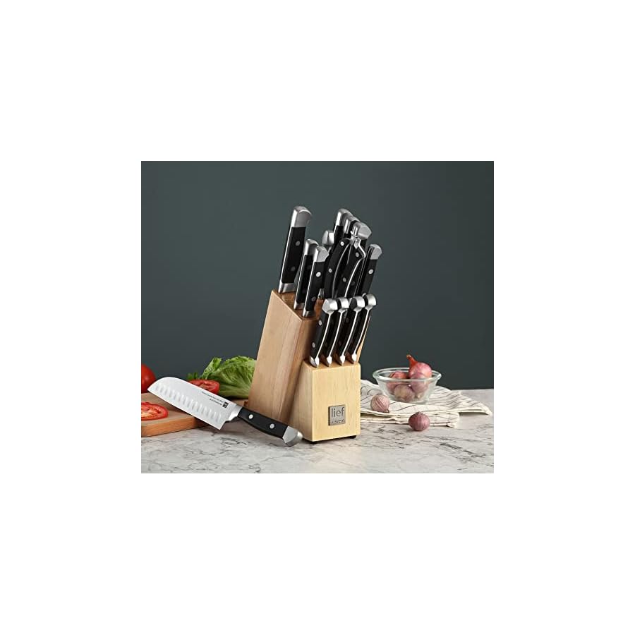 LIEF+SVEIN Brand German Steel Knife Block Set, 15-Piece Kitchen Knife Sets. German Stainless 1.4116 Steel. Unique Kitchen Knives Set with Ipad Holder. Ideal knife set with block and sharpener.