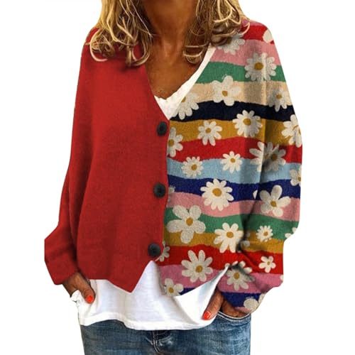 QINQNC Teddy Faux Coats Teddy Cardigan Women Jacket Jackets Women Lightweight Floral Jacket Chaqueta tipo cárdigan informal con estampado abstracto navideño nuevo para mujer Cotton Jacket (Red, XXL)