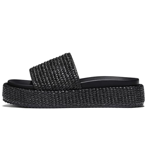 EQAUDES Black Raffia Wedge Platform Slides for Women Espadrilles Slip On Dress Shoes Comfortable Summer Resort Wear Sandals