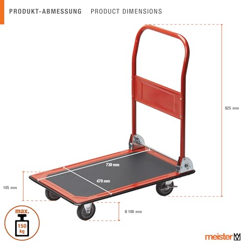 Meister Plattformwagen - Klappbar - Bis 150 kg Tragkraft - Feststellbremse / Transporthilfe mit Lenkrollen / Paketwagen mit Antirutsch-Beschichtung / Klappwagen aus Stahl / 8985400