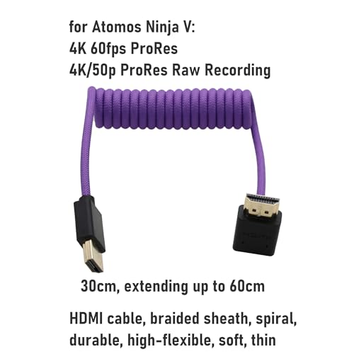 HangTon Cable HDMI de 90 grados 8K/60 4K/120p para ATOMOS Ninja V Shinobi, Nikon Z6iii Z8 Z9, Fujifilm GFX100II X-H2S, Teradek Hollyland Mars 400, TV portátil, color morado trenzado en espiral - imagen 4