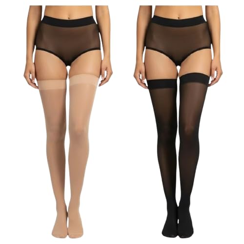 Women’s Sheer Half Stockings Pack of 2 | Knee High Transparent Socks | Soft Stretch Nylon Hosiery | Stay-Up Elastic Band | Lightweight Breathable Stockings (Beige & Black)-image-27