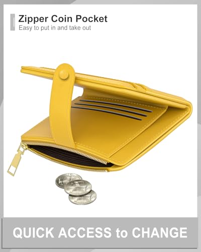 Image of Aiawoxc Womens Wallet, RFID Small Slim Wallets for Women, Compact Credit Card Holder, Cute Leather Bifold Ladies Purse with Zipper Coin Pocket and ID Window, Yellow