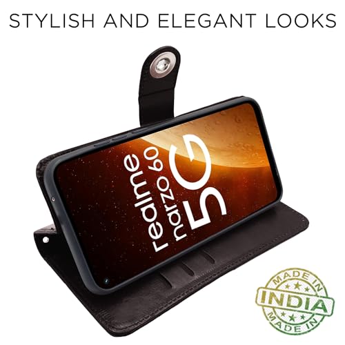 Image of Pikkme Realme Narzo 60 5G Flip Cover Leather Finish | Inside TPU with Card Pockets | Wallet Stand and Shock Proof | Complete Protection Button Flip Case (Coffee)